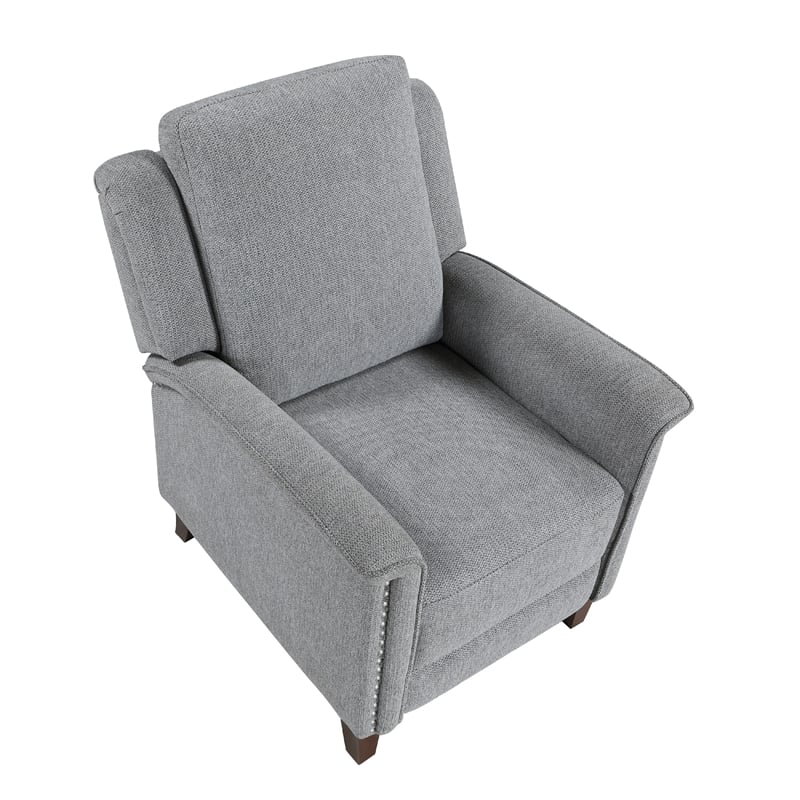 Push Back Recliner Chair-Gray Chenille-Nailhead Trim-Dark Brown