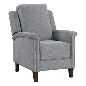 Push Back Recliner Chair-Gray Chenille-Nailhead Trim-Dark Brown