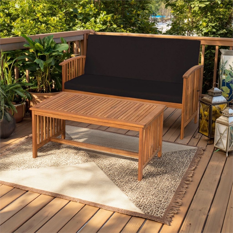 Kaila 2pc Outdoor Table and Loveseat Set-Black Cushion-Natural Brown