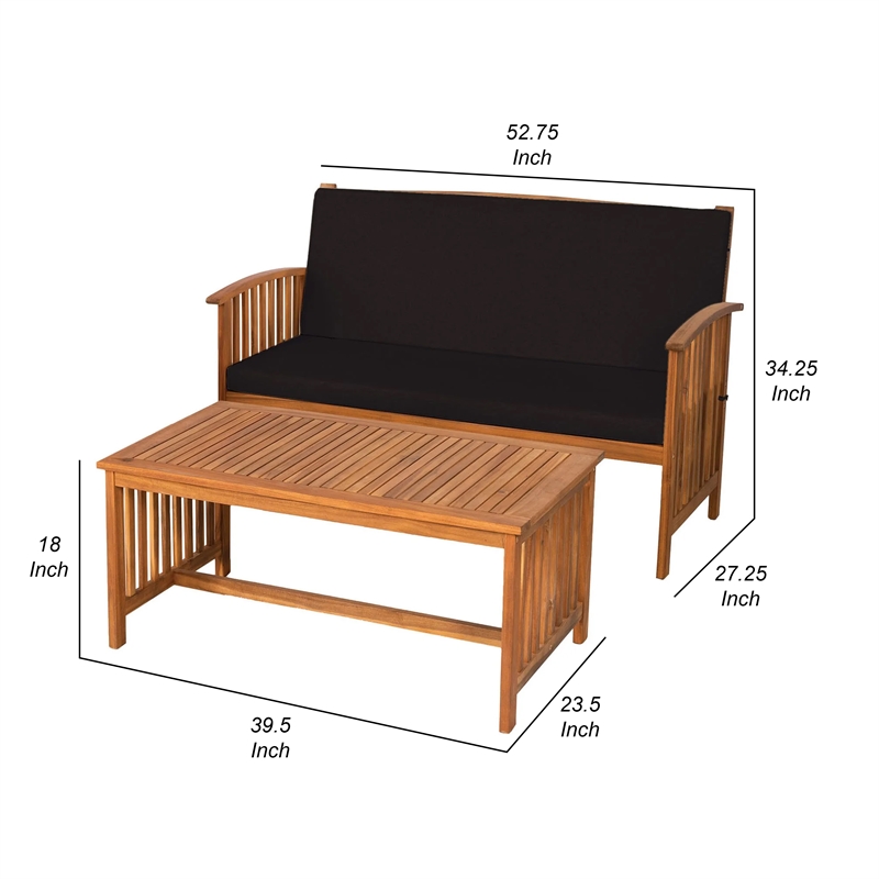 Kaila 2pc Outdoor Table and Loveseat Set-Black Cushion-Natural Brown