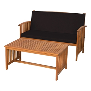 Kaila 2pc Outdoor Table and Loveseat Set-Black Cushion-Natural Brown