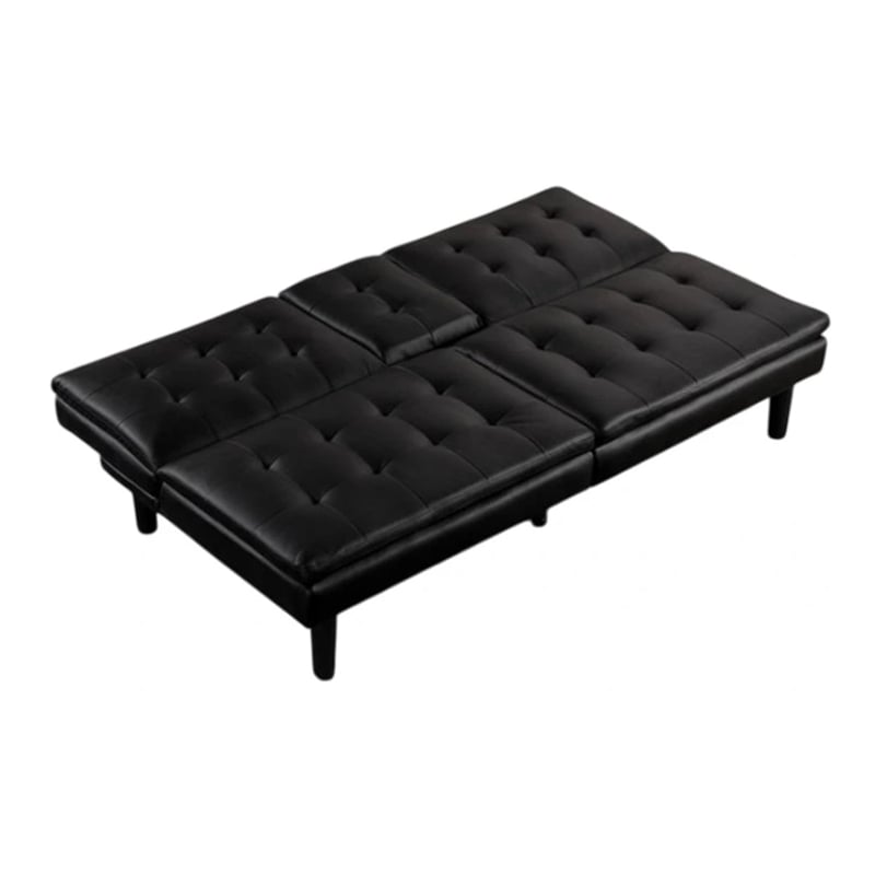 Berie Futon Sofa Bed-Drop-Down Tray-Cupholder-Black Faux Leather