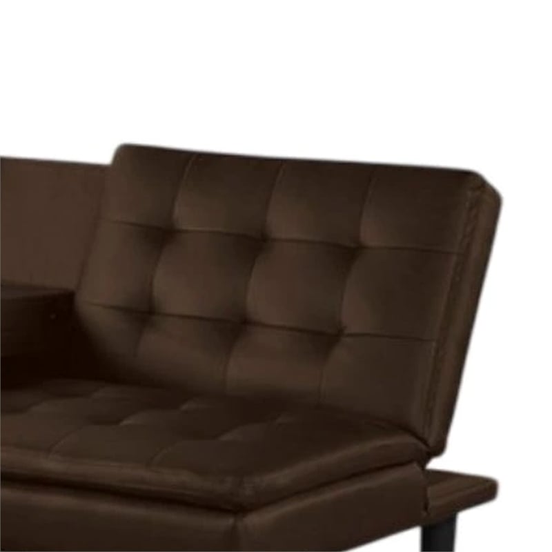 Berie Futon Sofa Bed-Drop-Down Tray and Cupholder-Brown Faux Leather