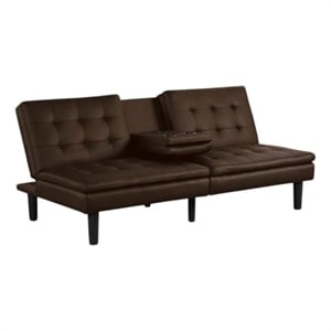 Berie Futon Sofa Bed-Drop-Down Tray and Cupholder-Brown Faux Leather