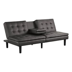 Berie Futon Sofa Bed-Drop-Down Tray and Cupholder-Gray Faux Leather