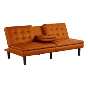 Berie Futon Sofa Bed-Drop-Down Tray-Cupholders-Orange Faux Leather