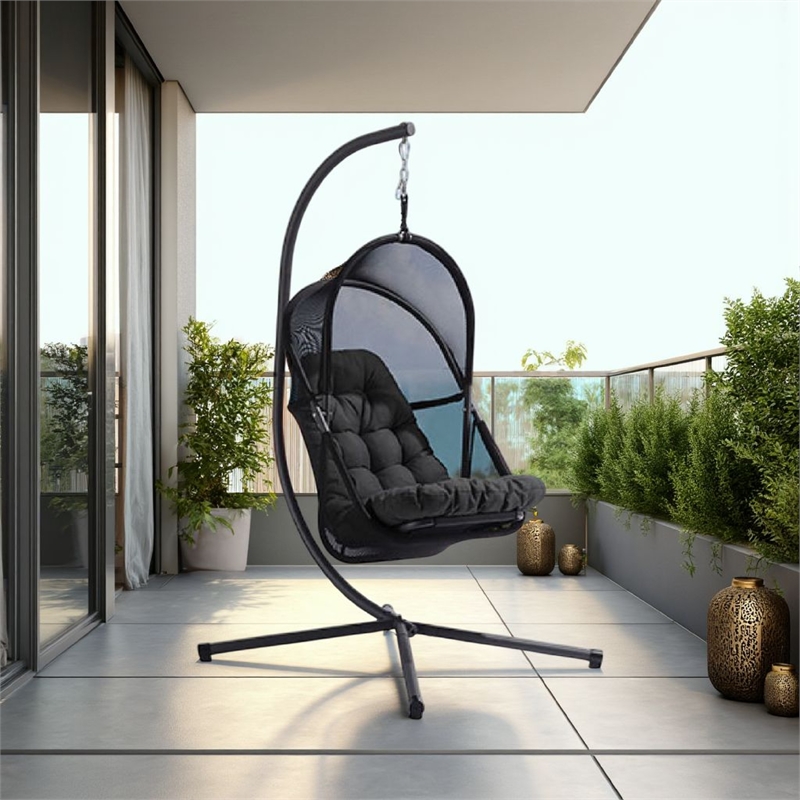 Bery Outdoor Swing Chair with Foldable Stand-Coastal Black Cushion