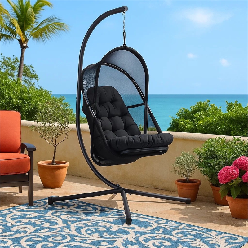 Bery Outdoor Swing Chair with Foldable Stand-Coastal Black Cushion