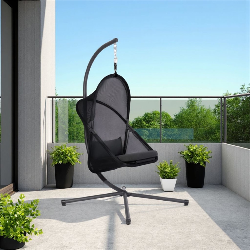 Cery Outdoor Egg Swing Chair-Foldable Stand-Coastal Black Cushion