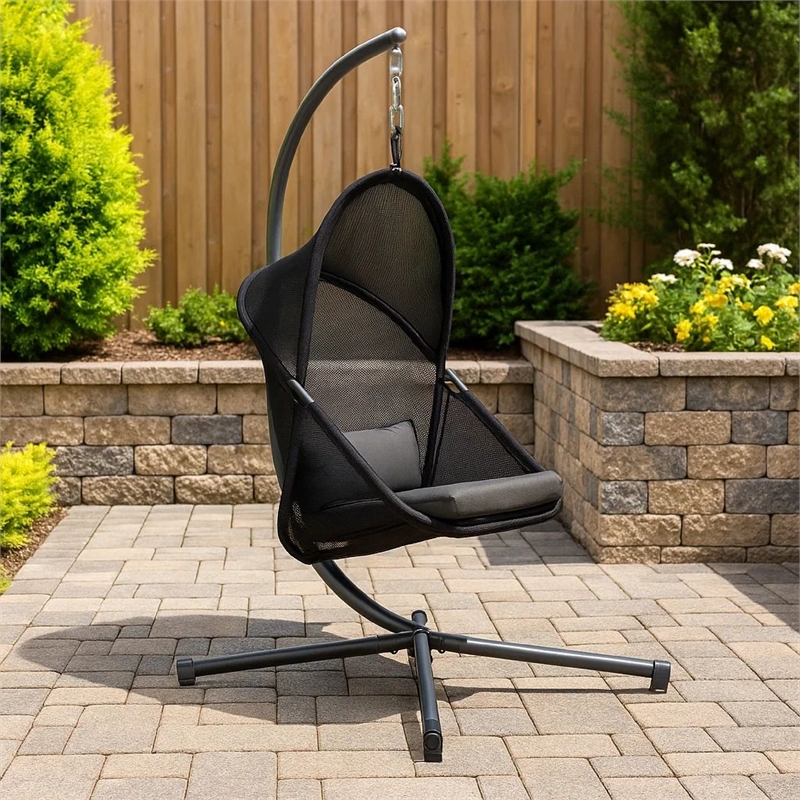 Cery Outdoor Egg Swing Chair-Foldable Stand-Coastal Black Cushion