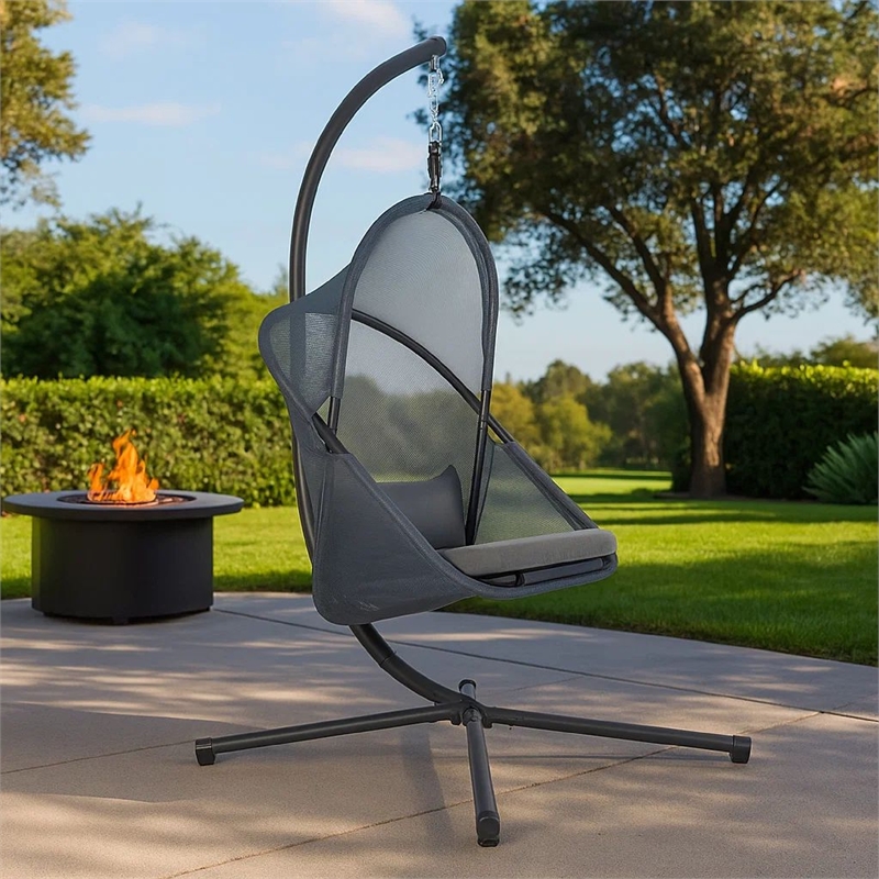 Cery Outdoor Egg Swing Chair-Foldable Stand-Dark Gray Cushion