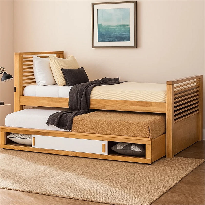 Dilu Twin Size Captain Bed with Storage Trundle-Light Oak Brown