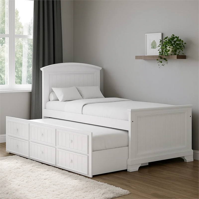 Toli Twin Captain Bed w Trundle-Drawers-White Curved Panel Headboard