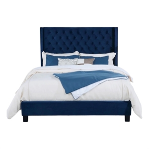 Hiu Queen Size Bed-Wingback Headboard-Navy Blue Velvet Like Upholstery