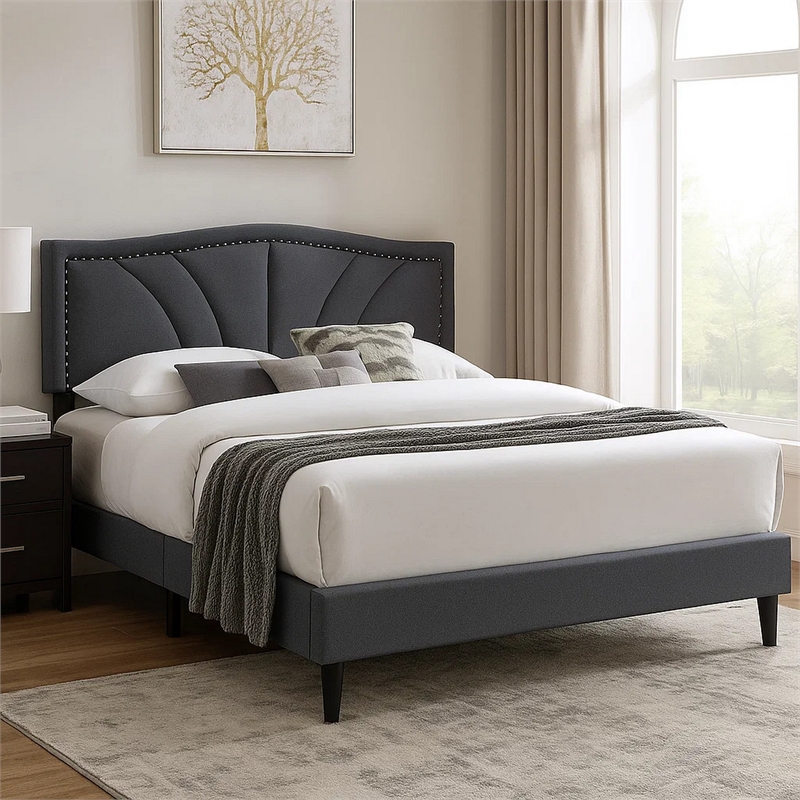 Carie Full Bed-Charcoal Gray Burlap Upholstery-Padded Headboard