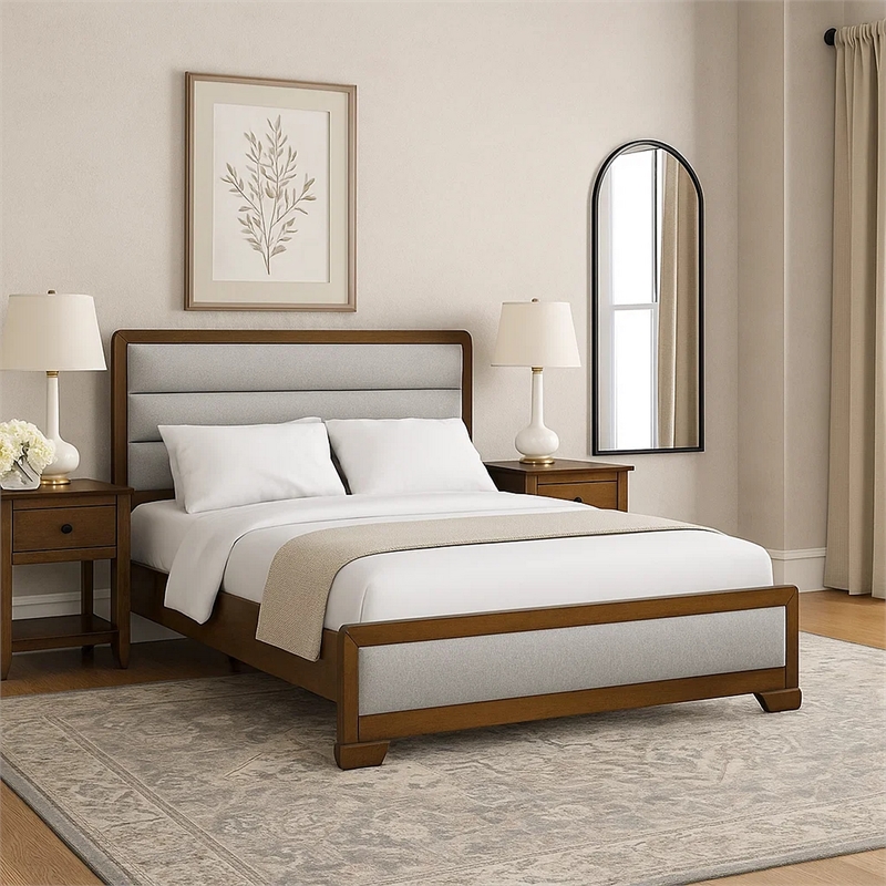 Cair Queen Bed-Channel Tufted Light Gray Fabric Upholstered-Brown