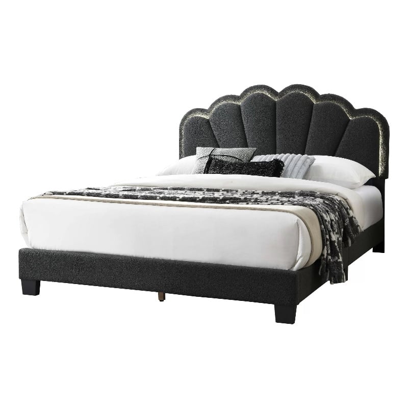 Madsy Full Bed-Gray Upholstered Fan-Shaped Headboard-Metallic Accents