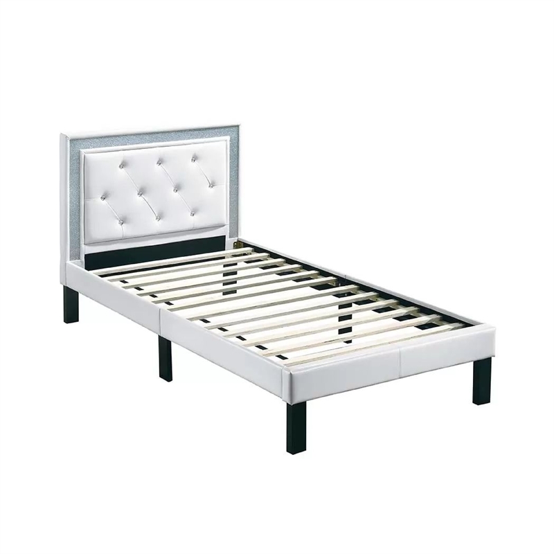Mannie Twin Bed with Silver Trim-White Button Tufted Faux-Leather