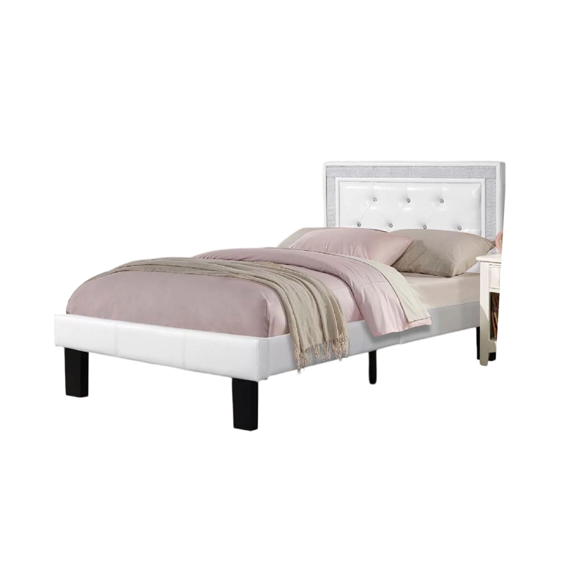 Mannie Twin Bed with Silver Trim-White Button Tufted Faux-Leather