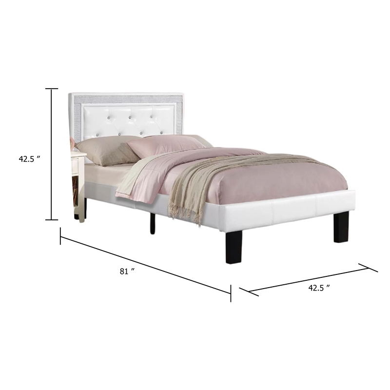 Mannie Twin Bed with Silver Trim-White Button Tufted Faux-Leather