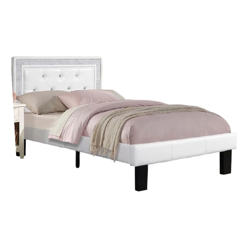 Mannie Twin Bed with Silver Trim-White Button Tufted Faux-Leather