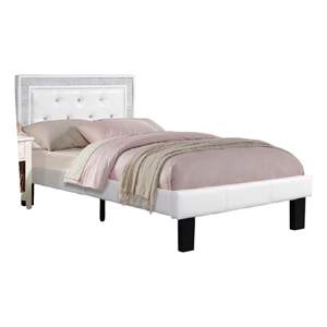 Mannie Twin Bed with Silver Trim-White Button Tufted Faux-Leather