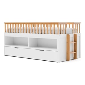 Lexo Twin Bookcase Bunk Bed w Trundle and Ladder-White & Natural Oak