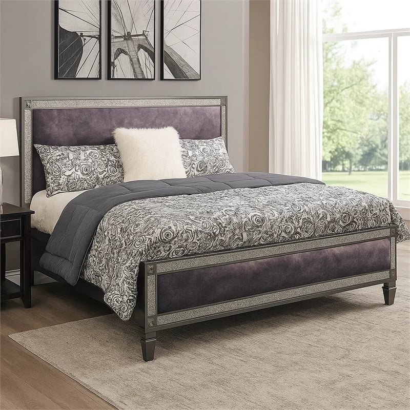 Laine Full Bed-Glam Crystal Acrylic Trim-Gray Fabric Upholstered