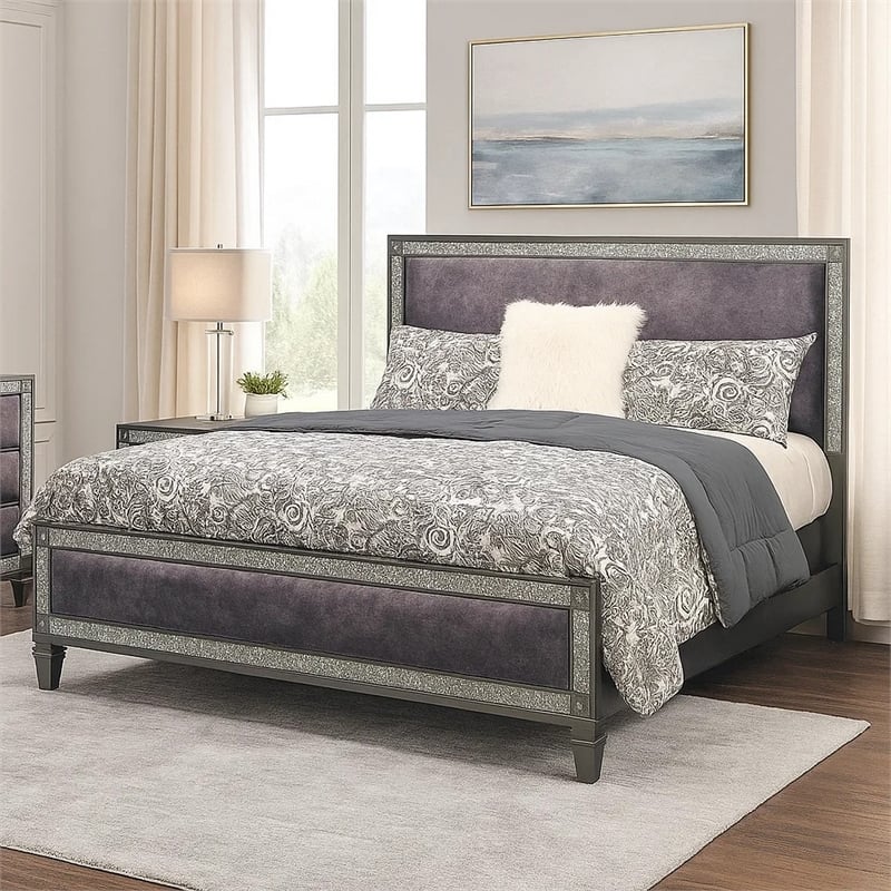 Laine Full Bed-Glam Crystal Acrylic Trim-Gray Fabric Upholstered
