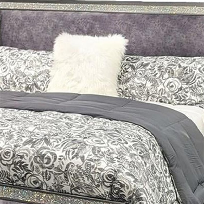 Laine Queen Bed-Glam Crystal Acrylic Trim-Gray Fabric Upholstered