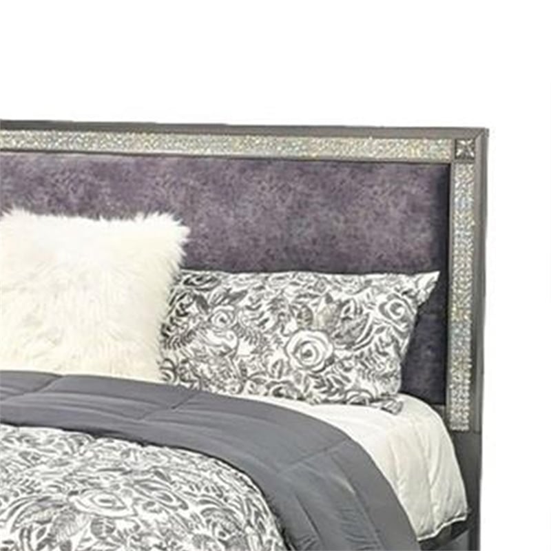 Laine Queen Bed-Glam Crystal Acrylic Trim-Gray Fabric Upholstered