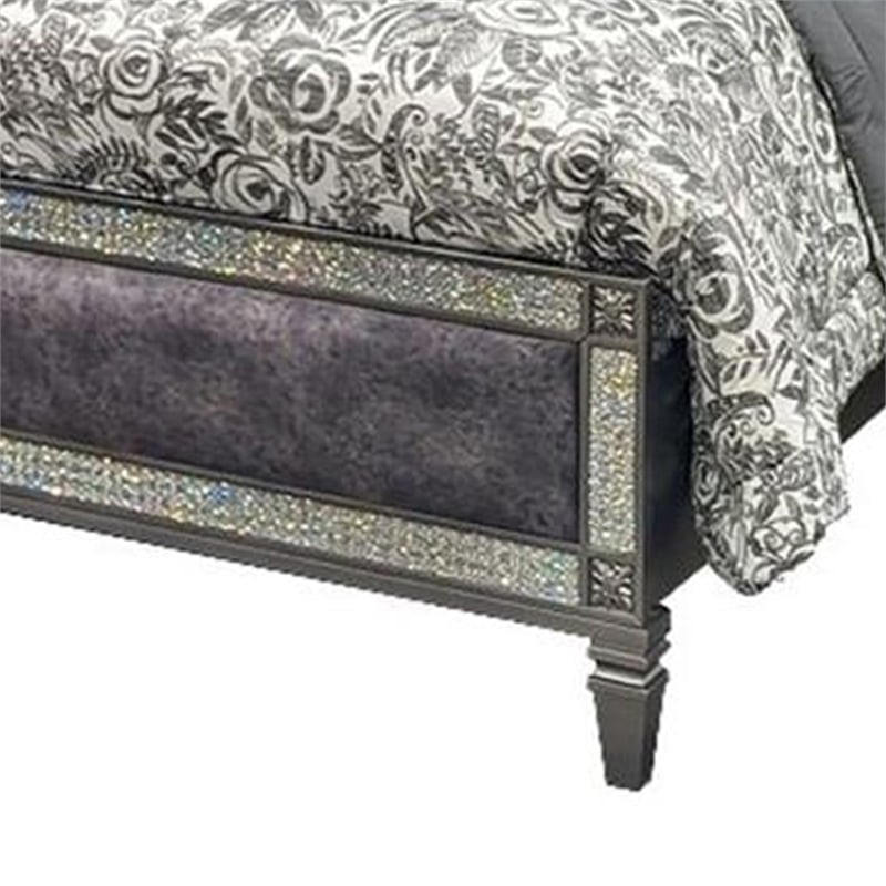 Laine Queen Bed-Glam Crystal Acrylic Trim-Gray Fabric Upholstered