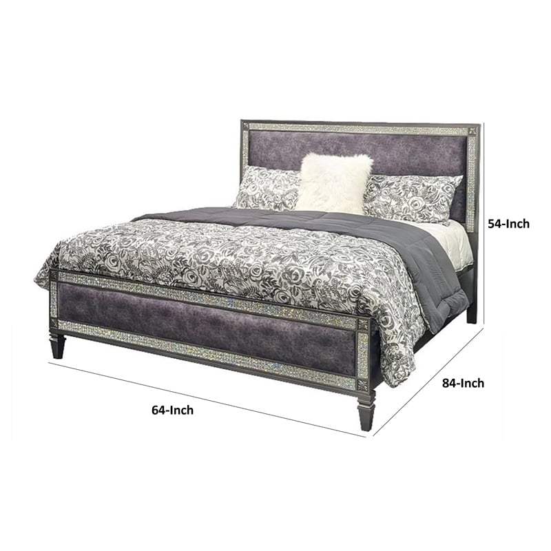 Laine Queen Bed-Glam Crystal Acrylic Trim-Gray Fabric Upholstered