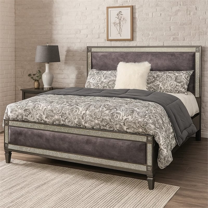 Laine Queen Bed-Glam Crystal Acrylic Trim-Gray Fabric Upholstered
