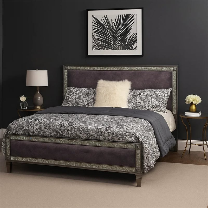 Laine Queen Bed-Glam Crystal Acrylic Trim-Gray Fabric Upholstered