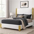 Dyl Queen Bed-Soft Foam Upholstered-White Fabric-Gold Accent Posts