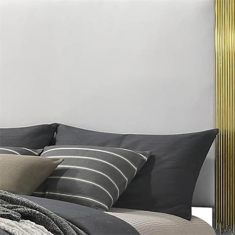 Dyl Queen Bed-Soft Foam Upholstered-White Fabric-Gold Accent Posts