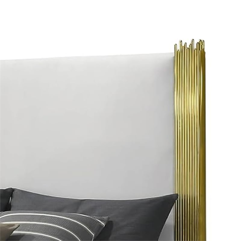 Dyl Queen Bed-Soft Foam Upholstered-White Fabric-Gold Accent Posts