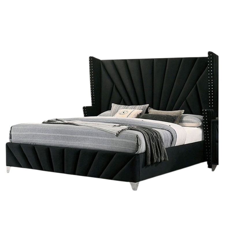 Ino Queen Size Bed w Wingback Headboard-Black Fabric Upholstery