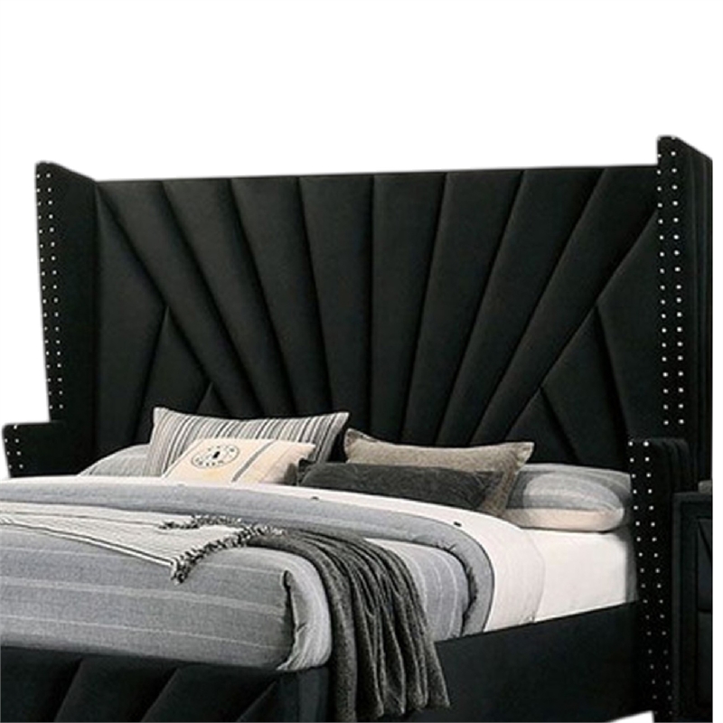 Ino Queen Size Bed w Wingback Headboard-Black Fabric Upholstery