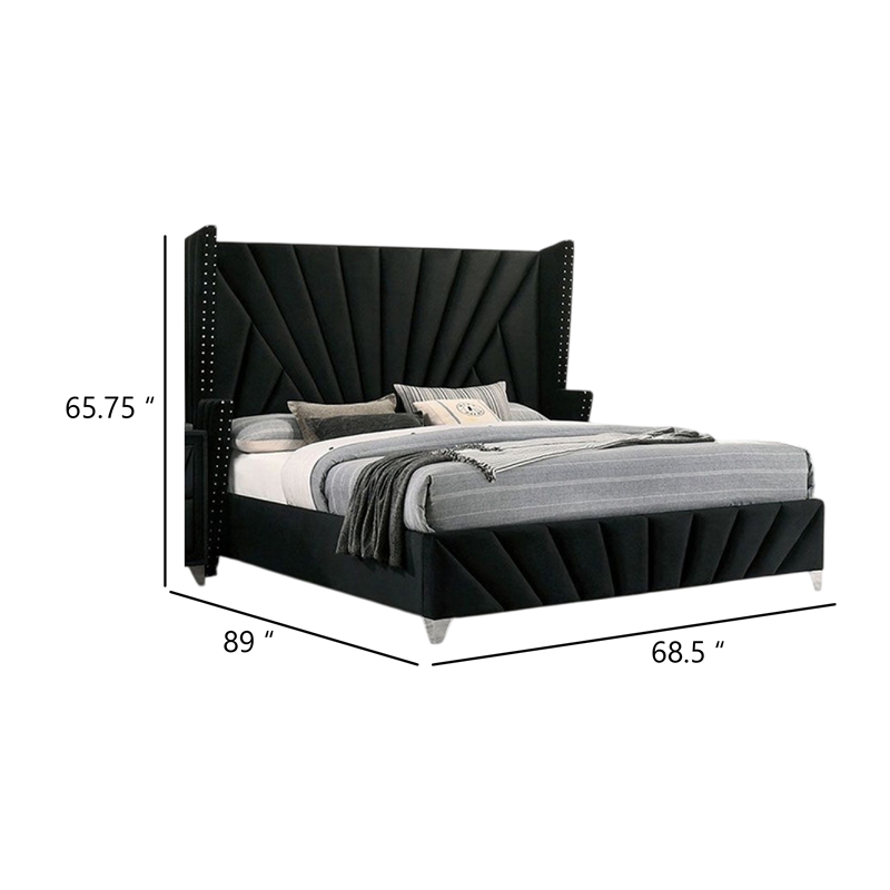 Ino Queen Size Bed w Wingback Headboard-Black Fabric Upholstery