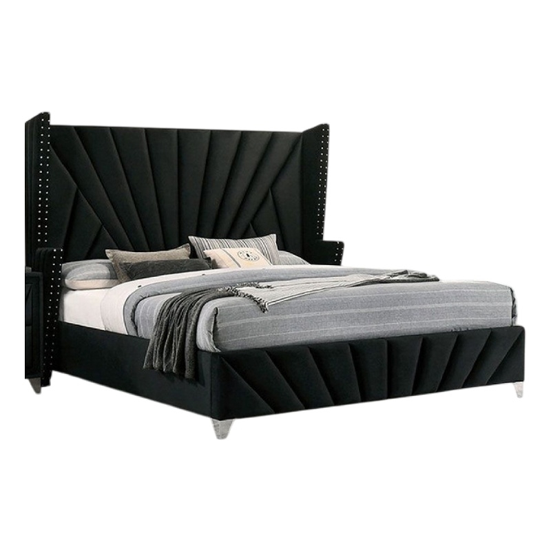 Ino Queen Size Bed w Wingback Headboard-Black Fabric Upholstery
