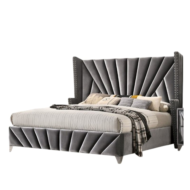 Ino Queen Size Bed w Wingback Headboard-Gray Fabric Upholstery