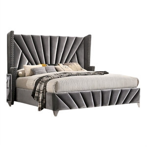 Ino Queen Size Bed w Wingback Headboard-Gray Fabric Upholstery