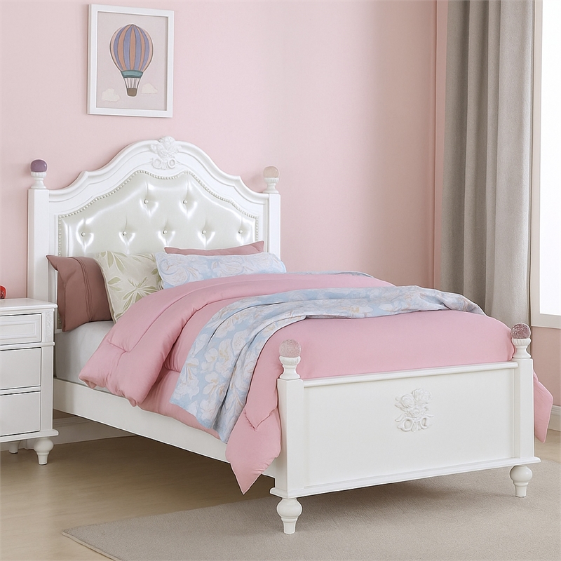 Bela Twin Size Bed w Button Tufted Headboard-White Faux Leather