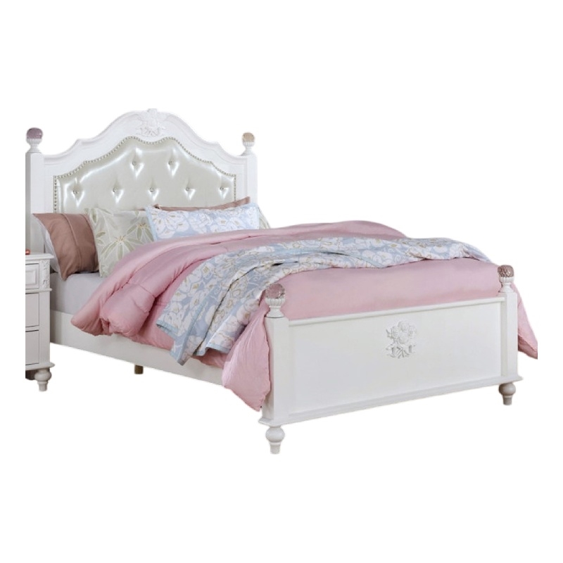 Bela Twin Size Bed w Button Tufted Headboard-White Faux Leather