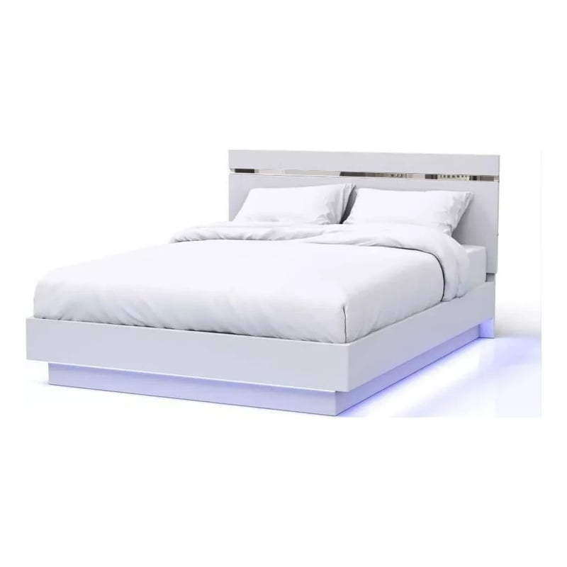 Pero Queen Size Bed-Chrome Accent Headboard-White LED Footboard