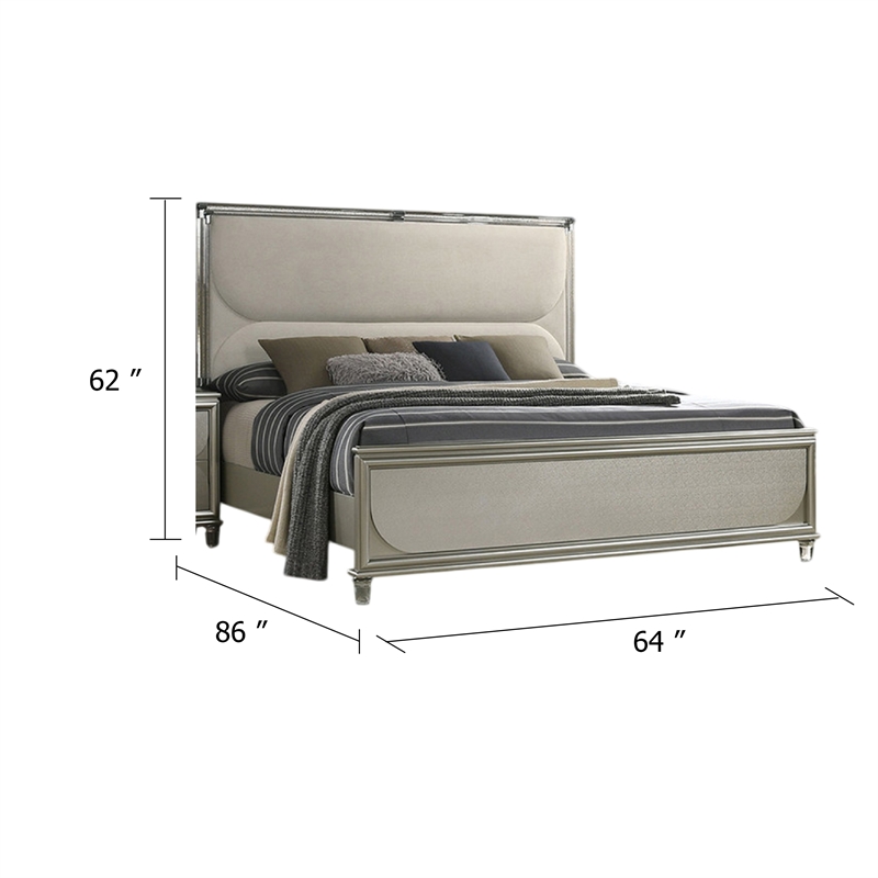 Zema Queen Bed-Upholstered Headboard w LED-Silver Wood-Acrylic Legs