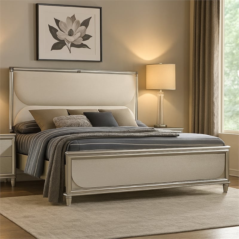 Zema Queen Bed-Upholstered Headboard w LED-Silver Wood-Acrylic Legs