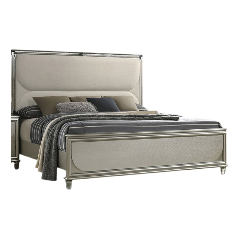Zema Queen Bed-Upholstered Headboard w LED-Silver Wood-Acrylic Legs